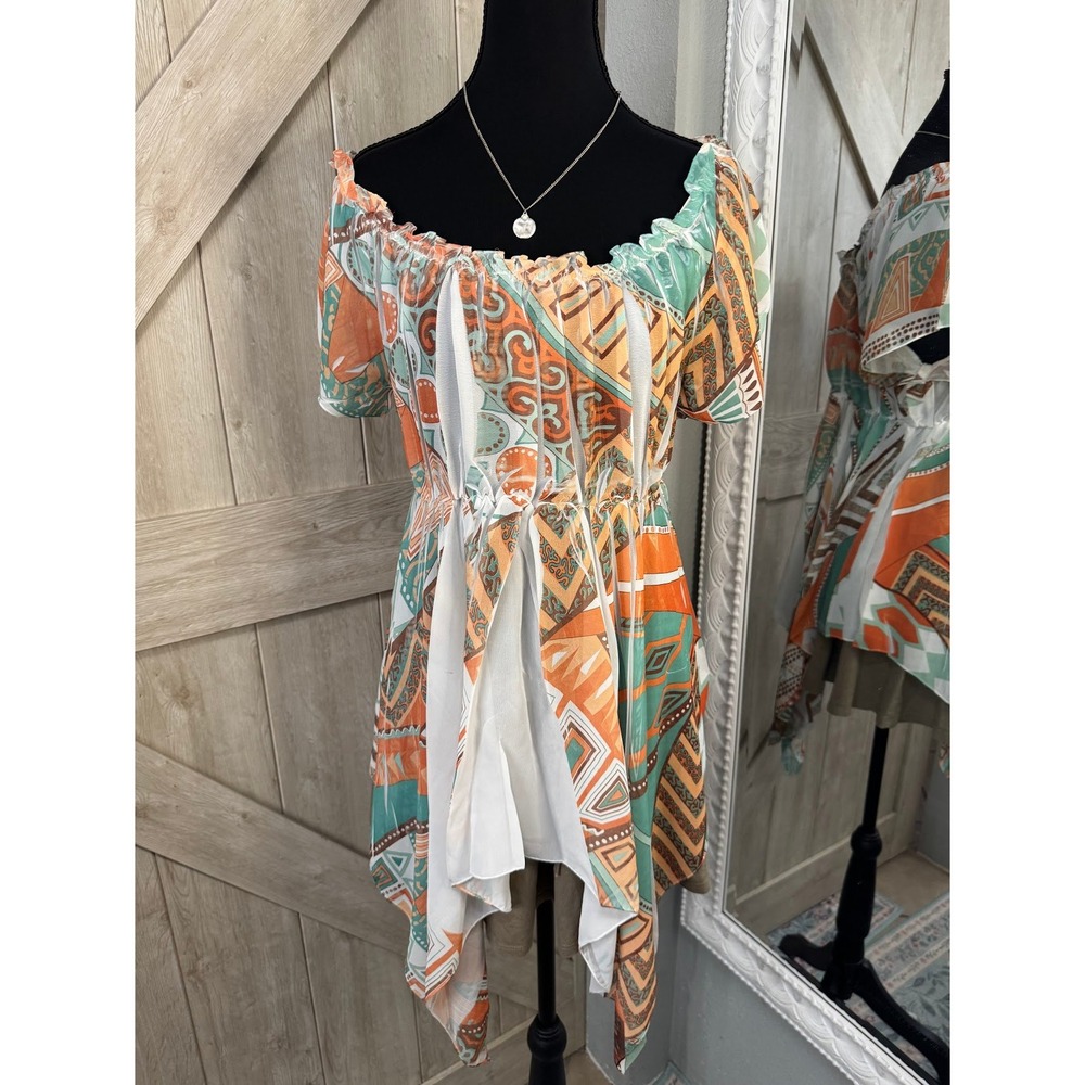 Unique Spectrum Geometric Handkerchief Hem Tunic Top Orange Teal XL